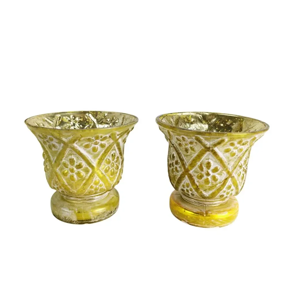 Pair of Yellow-Gold Mercury‎ Glass Votive Candle Holders w/ 2 Yankee Tealights